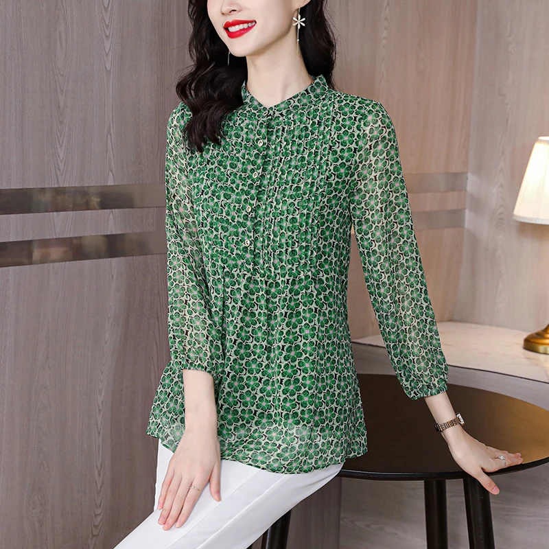 Women Green Jungle Animal Print Shirt Silk Cotton Fresh Turn-down Collar  Female Single Breasted Blouse Long Sleeve Chemise - AliExpress