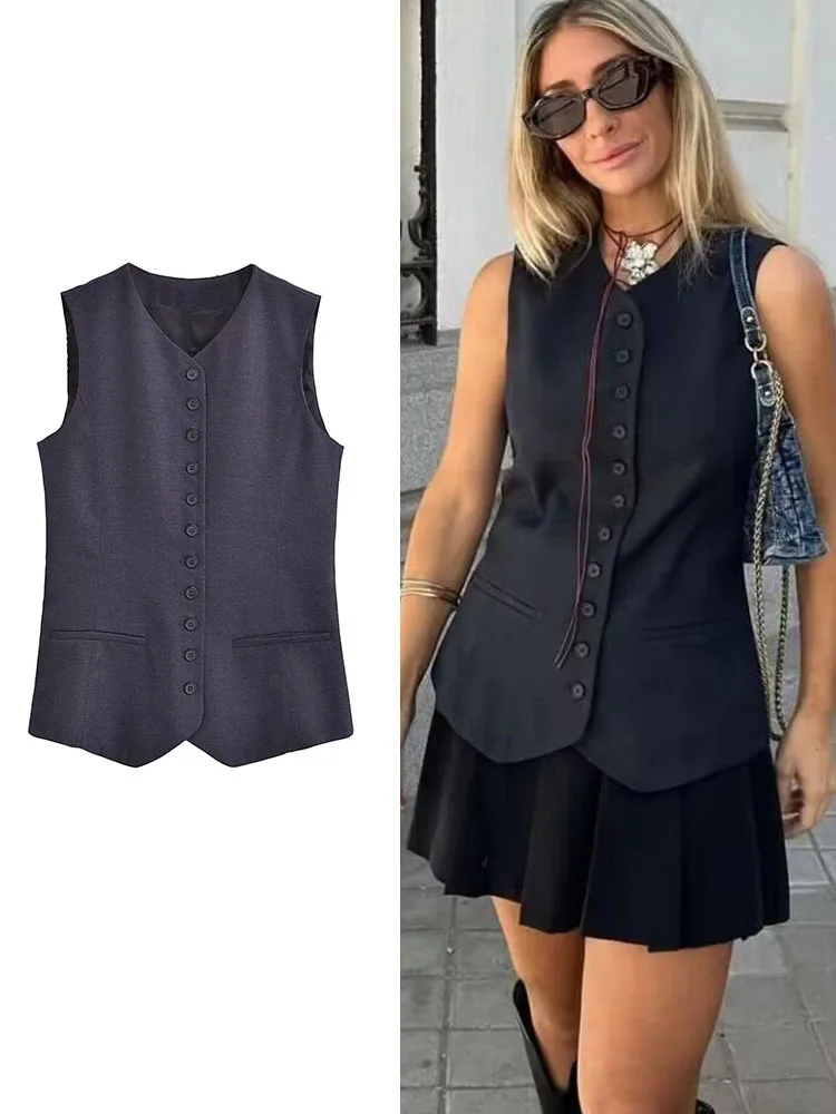 

TRAF Fashion Women Front Button Waistcoat 2023 Vintage Solid V Neck Sleeveless Female Outerwear Chic Office Ladies Vest Tops