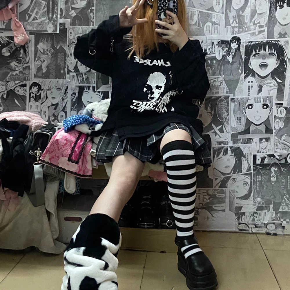 Skull Print Emo Y2k Pullover T-shirts Women Punk Clothing Off Shoulder Long  Sleeve Gothic Loose Top Kawaii Grunge Tee Preppy - AliExpress