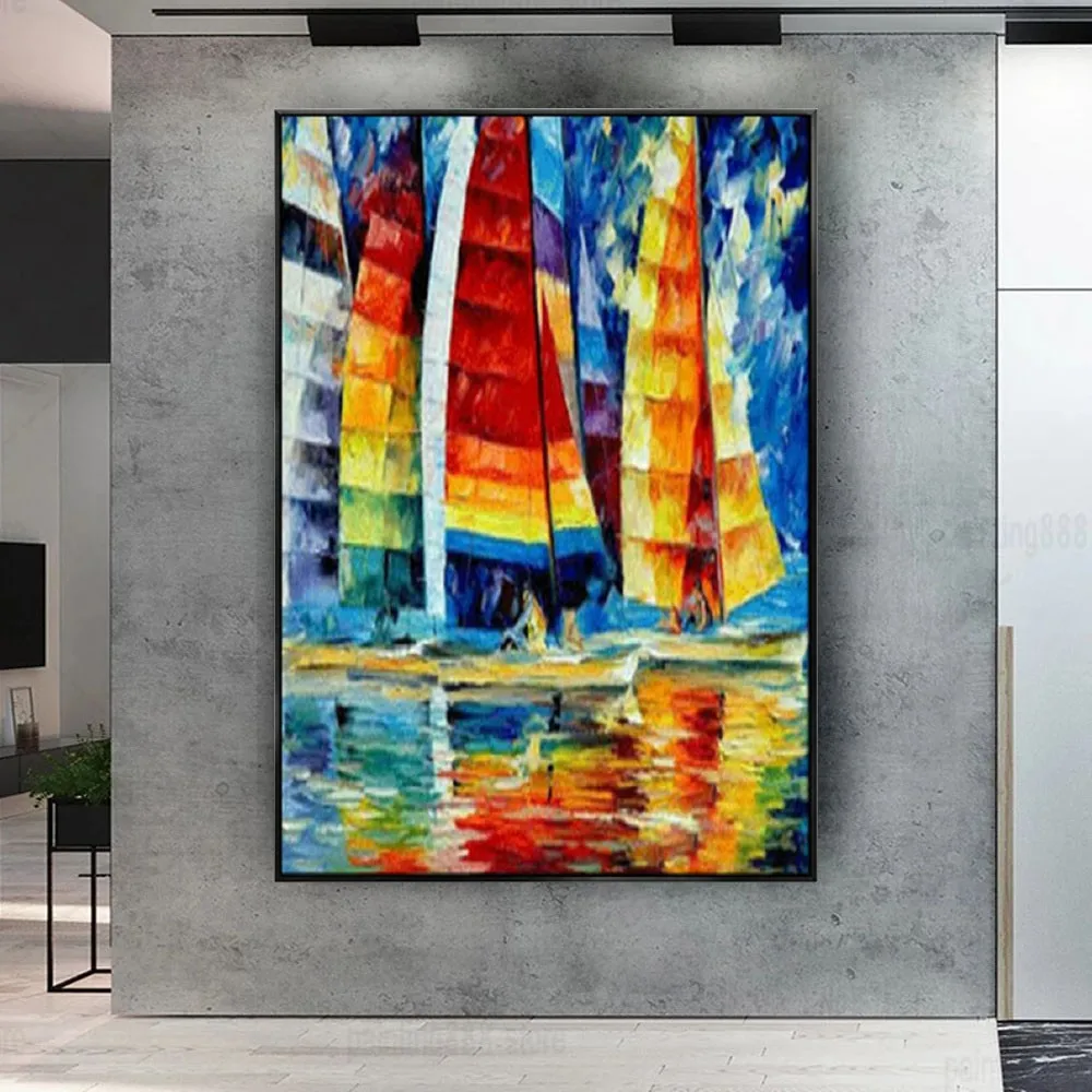 

Pop Abstract Colorful Sailing Boat Poster Hand-Painted Canvas Oil Paintings Large Wall Art Picture For Living Room Decor Mural