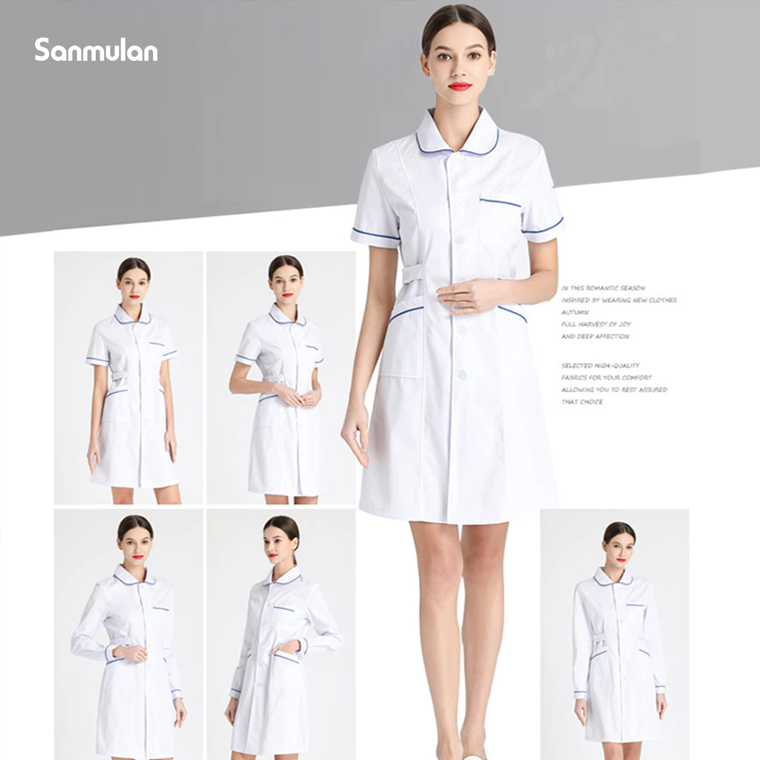 

Fashionable Nurse Uniform for Women With Blue Edges Doll Collar & 3 Pockets Beauty Salons Work Clothes Medical Clinica Uniforms