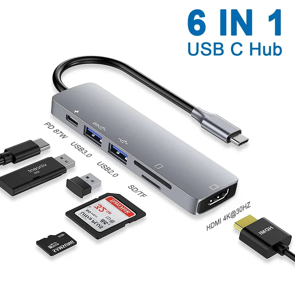 Usb C Hub 6-in-1 Type C Hub With 100 W Pd Power Supply, 4k Uhd Usb C To  Hdmi, 2 Usb 3.0 Ports, Sd / Microsd / Tf Card Reader, Usb C Adapter  Compatible