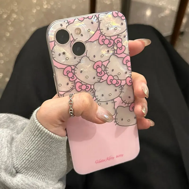 Sanrio Hello Kitty Pink Girl Cute Phone Case For iPhone 15 14 13 12 11 Pro Max 7 8 Plus SE XR XS MAX Y2K Anti Fall Laser Shell