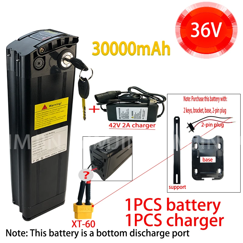 

250W to1000W 36V 30Ah Seat Tube Silver Fish Ebike Battery Pack Electric Bike Lithium battery Bottom 2-pin discharge port+Charger