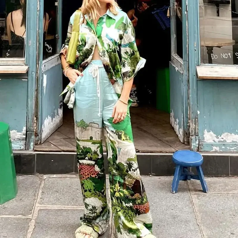 2024 New Summer  Women's Printed Short-Sleeve Pants Suit, Summer Long Pants Women's Vacation Beach Leisure Suit
