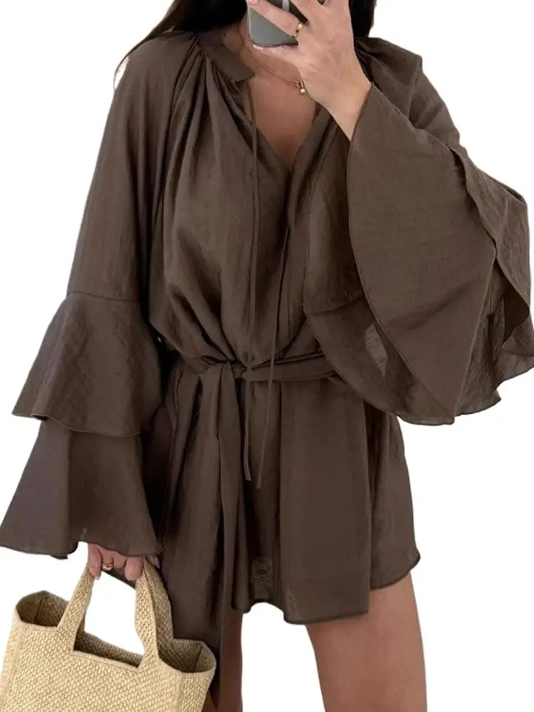 Women Summer V Neck Ruffle Dress Long Flare Sleeve Solid Blouse