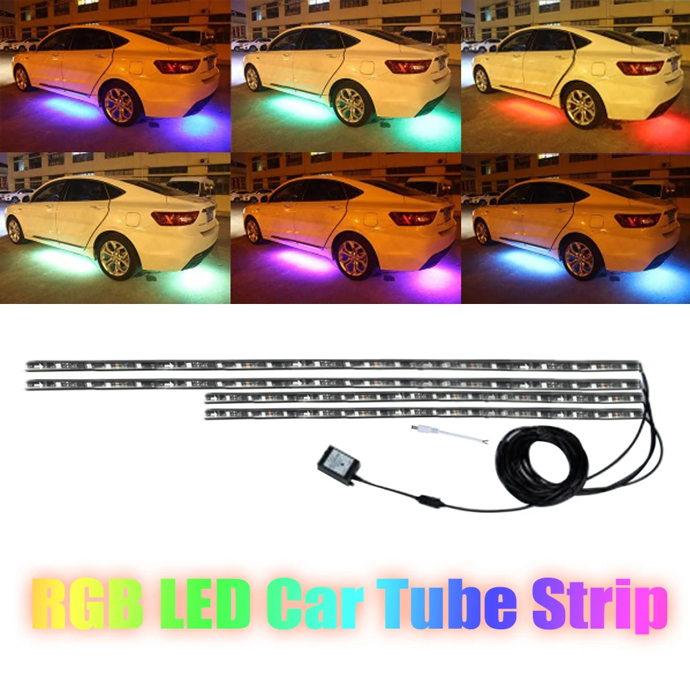 

4pcs Car LED RGB Strip Light Bluetooth Control LED Strip With Remote Voice controlled Rhythm lamp Atmosphere Light Strip