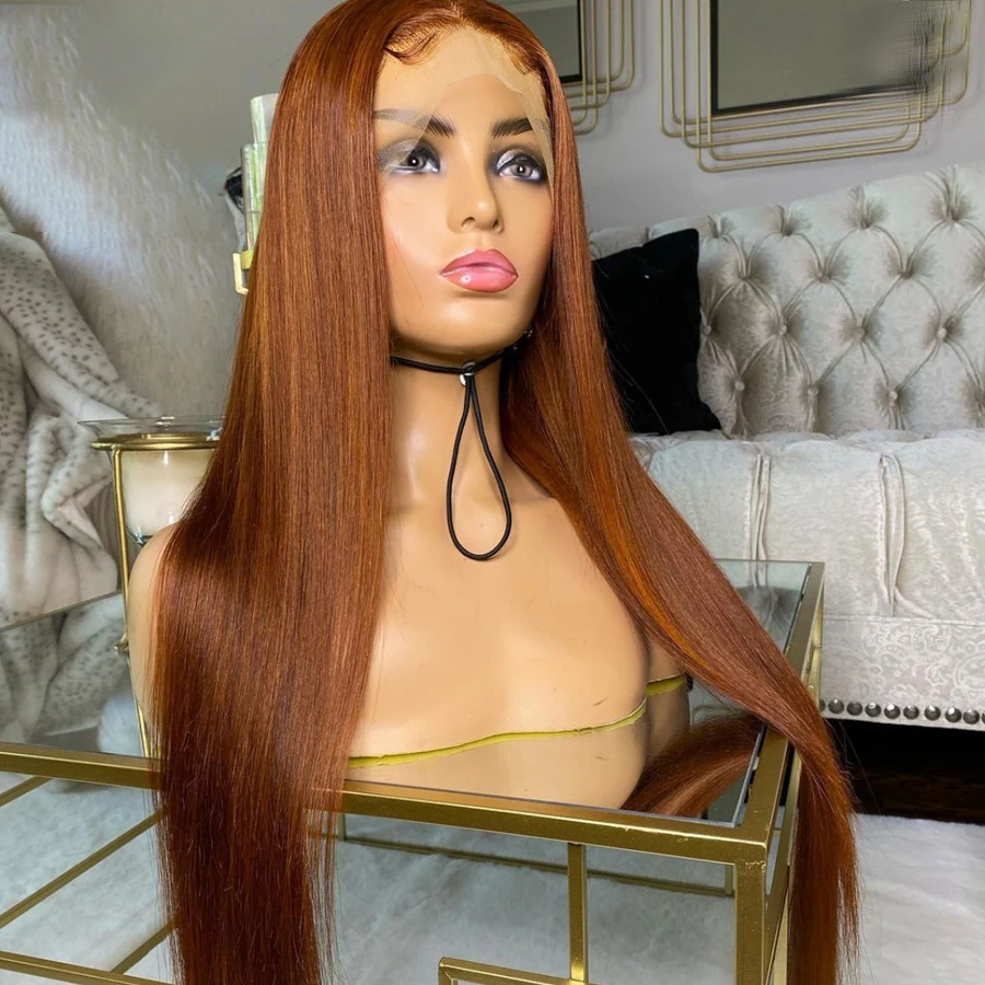 

Soft Glueless 26 Inch Orang Brown Silky Straight European Jewish Human Hair Wig Swiss 13x4 Lace Front For Women With Baby Hair