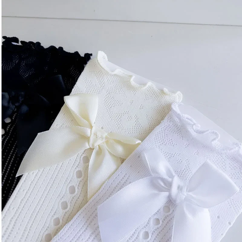 1 Pair Girl Sweet Bow Tie Socks Women Black Lolita Japanese Lace Mesh Fishnet Socks Elasticity Net Yarn Thin Children JK Socks