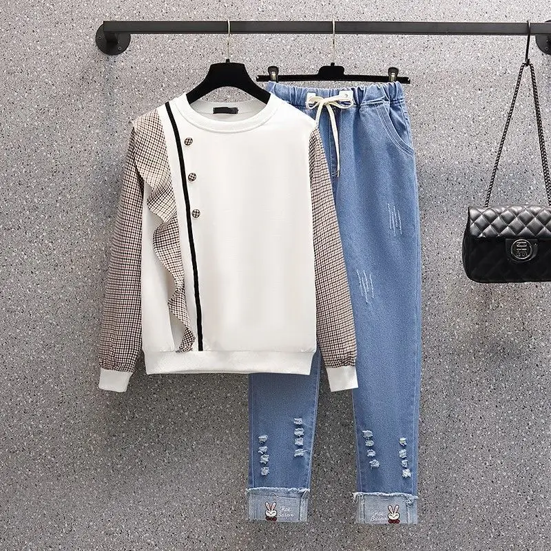 

Spring New Fashionable Oversized Women's Patchwork Color Blocking Design Sports Shirt+Drawstring Straight Leg Jeans Two-piece