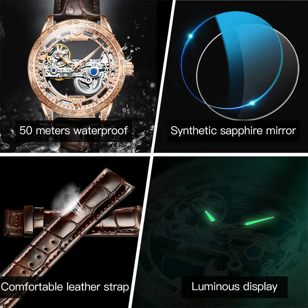 JSDUN 8917 Man Automatic Watch Hollow Skeleton 50M Waterproof Classic Wristwatch Original Luminous Mechanical Watch For Men