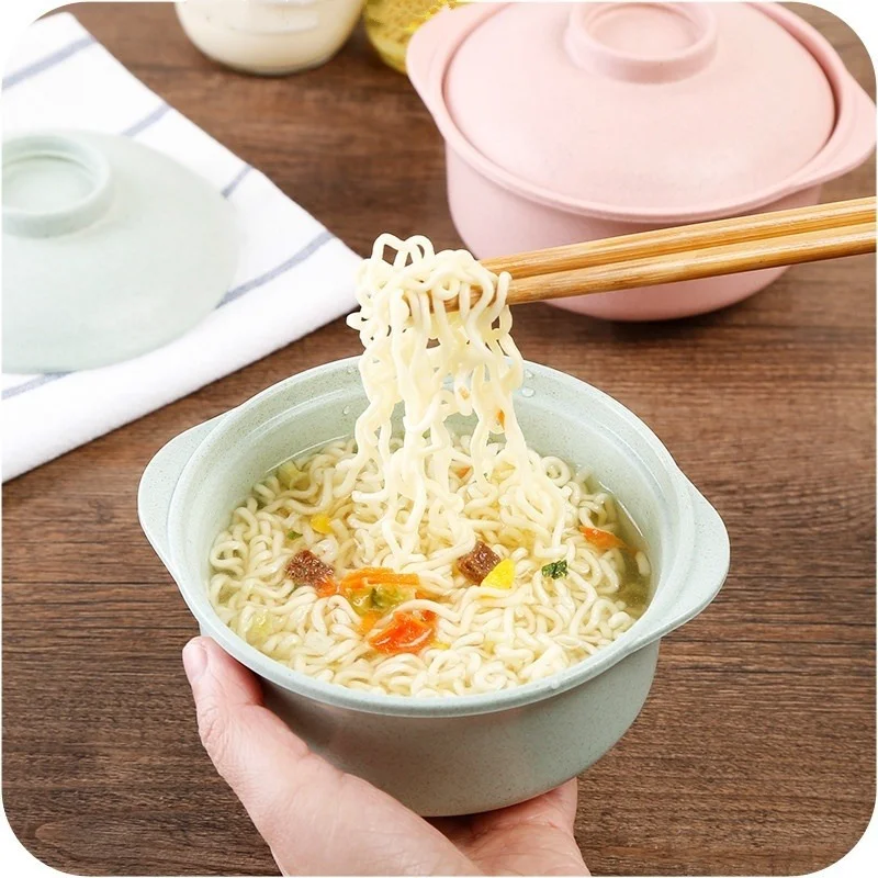 Portable Food Container Lunch Tray Dishes Soup Bowl with Lid Pure Natural Wheat Straw Creative Salad Noodles