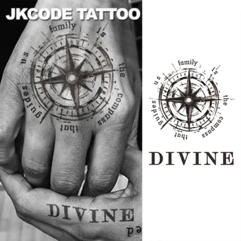 Tatuaggio temporaneo a tema nautico in uno stile accattivante - Testo in inglese: DEVINE - Bussola che ama la casa - Motivo a bussola con testo in inglese - Tatuaggio casual per uomini e donne per mani, collo e testa, duraturo e impermeabile per 15 giorni.