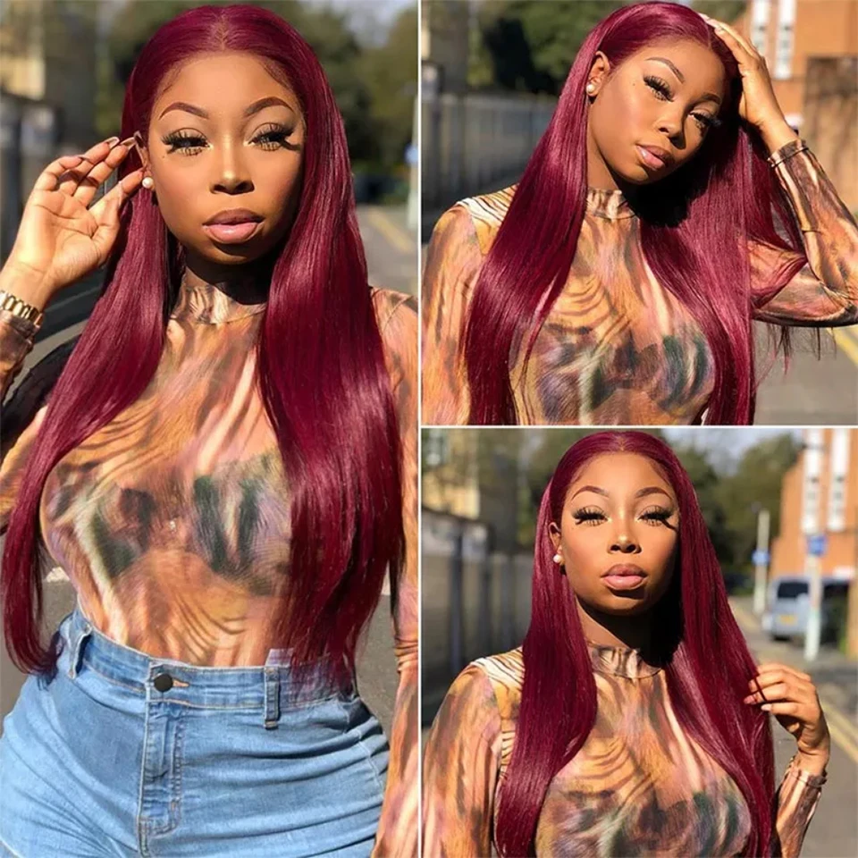 Burgundy Straight 13x6 HD Lace Frontal Wigs Human Hair 30 40 42 Inch 99j Red Colored 13x4 Transparent Lace Front Human Hair Wigs 5