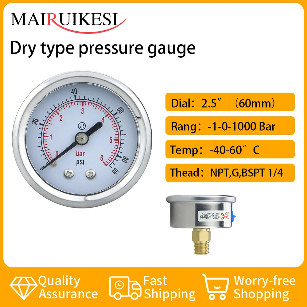 Dry Pressure Gauges 60mm(2.5") back vacuum Gauge-1-0bar 0...600bar oil Water Pressure Hydraulic Gas Manometers