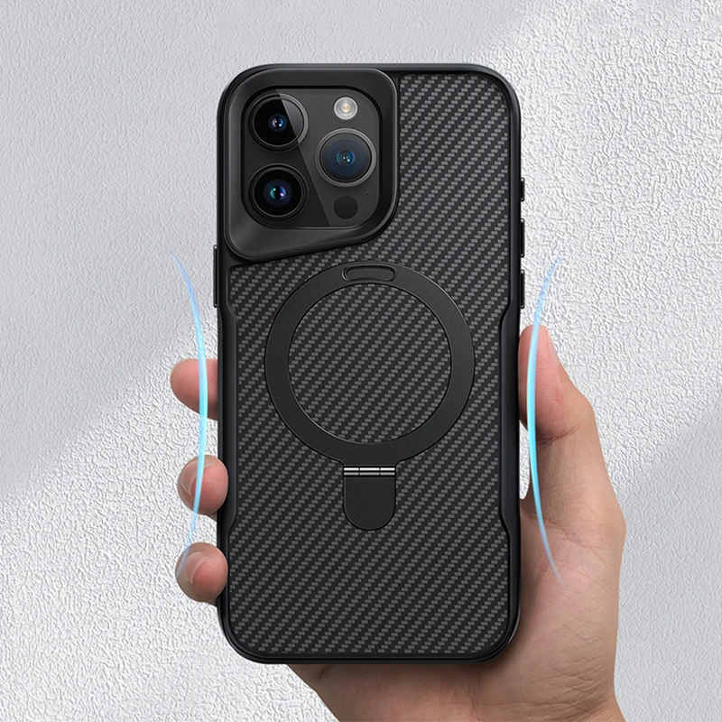 Sleek Carbon Fiber Textured Magnetic Phone Case with Soft Rubber Frame and Metal Stand