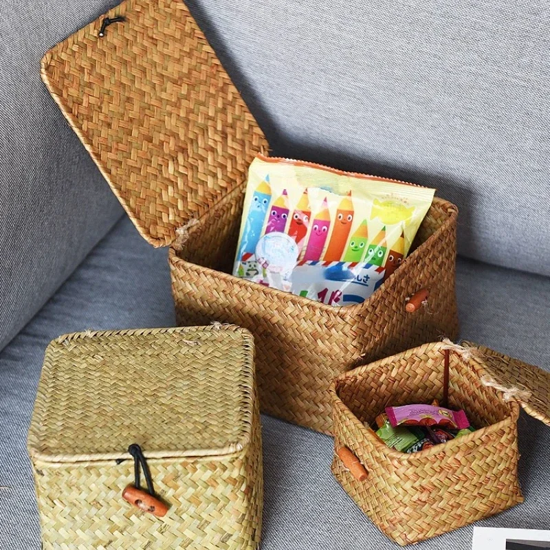 

Bamboo Rattan Woven Storage Basket Hand Made with Lid Storage Box Home Retro Packaging Box Desktop Organization