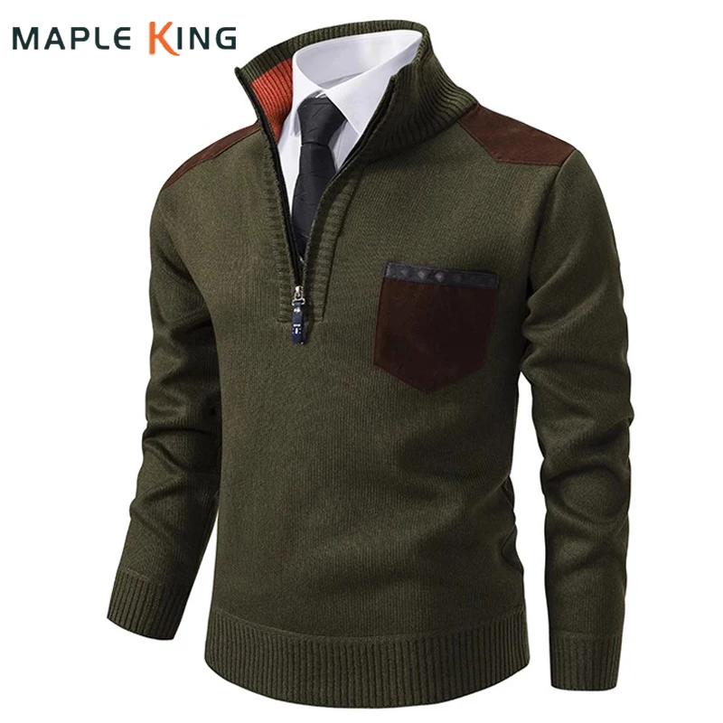 

Vinatge Men Knitted Xmas Sweater Jersey Korean Style Casual Zipper Stand Collar Warm Business Pull Pour Homme Mens Streetwear