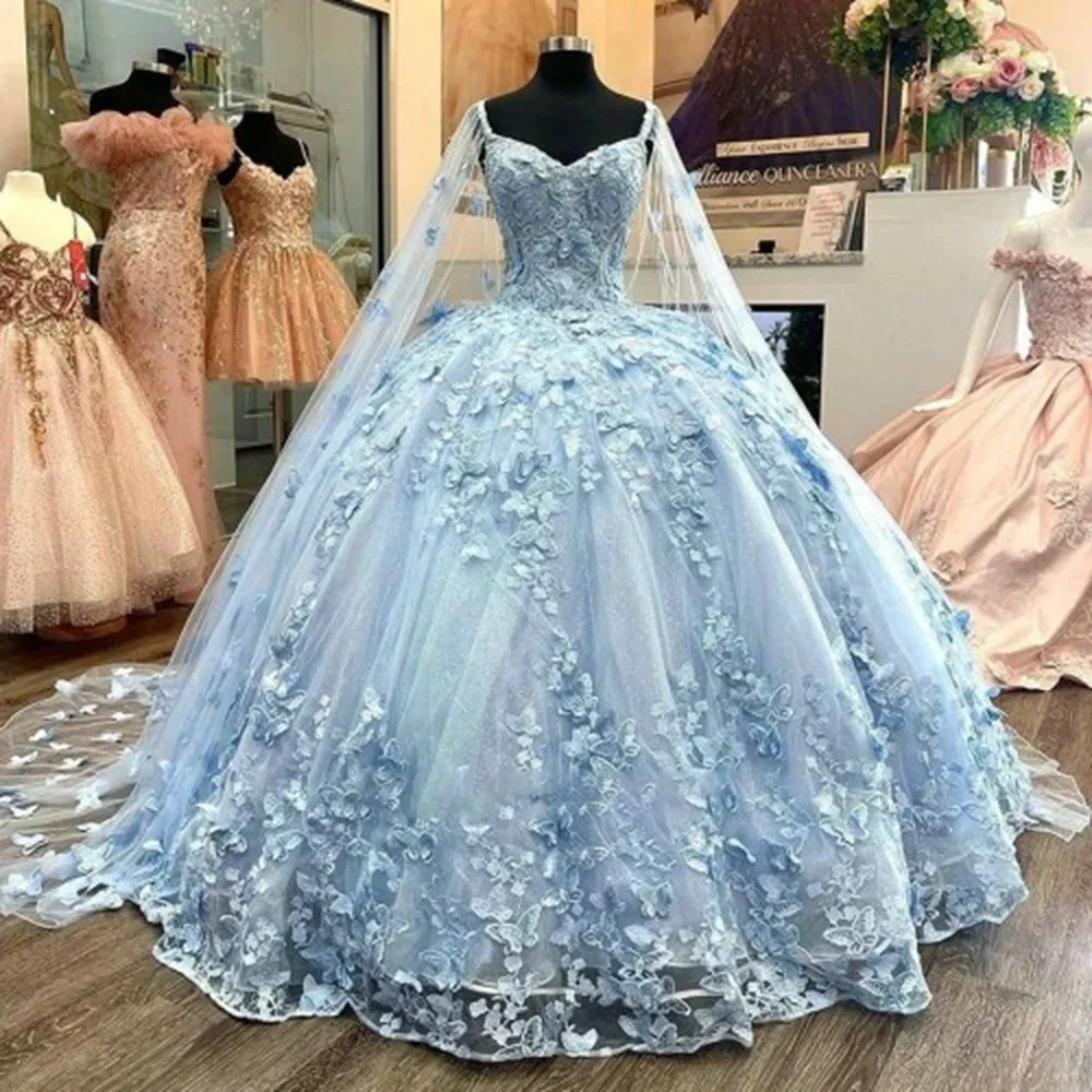 

Sky Blue Ball Gown Appliqued Lace Quinceanera Dresses With Wraps Tulle Sweet 15 16 Dress Quinceañera Anos Birthday Formal Gowns