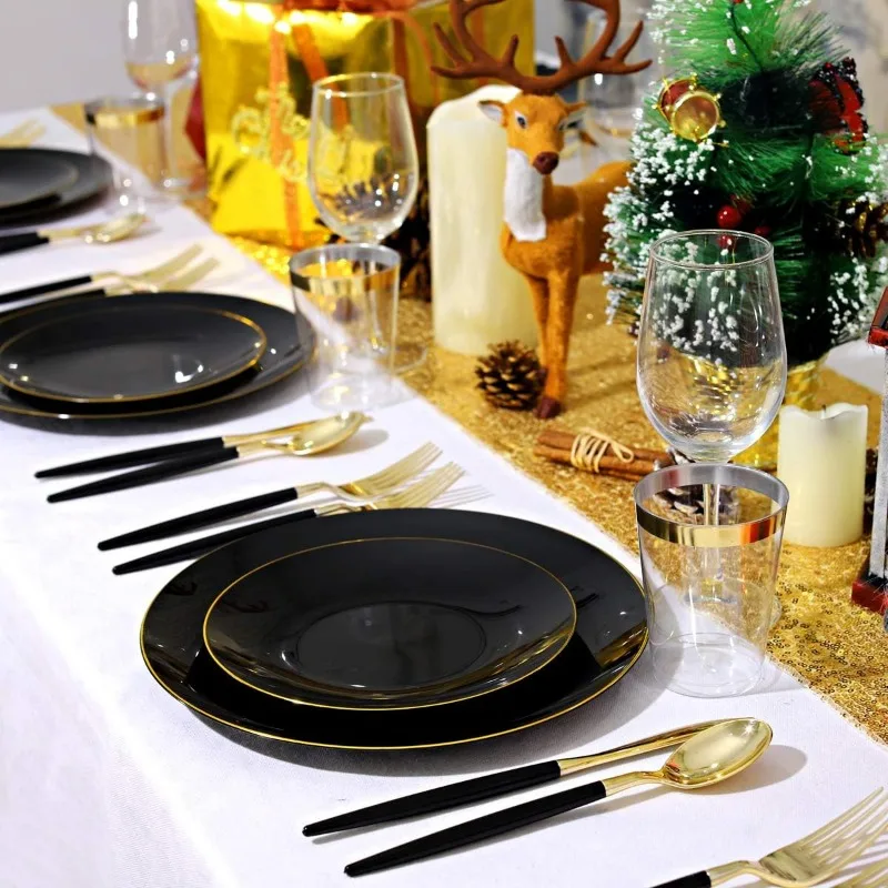 150PCS Black Plastic Plates-Black and Gold Disposable Plates-Premium Heavyweight Gold Plastic Dinnerware
