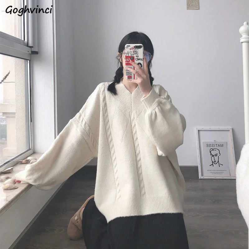 

Pullovers Women Solid V-neck Preppy Style Sweet All-match Casual Knitting Simple Spring Autumn Chic BF Jumpers Teen Lady Trendy