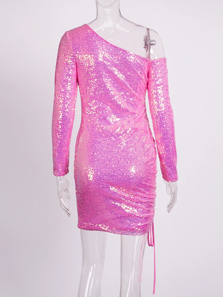 Long Sleeve Stretch Pink Sparkles Sequin Mini Dress Tie Up