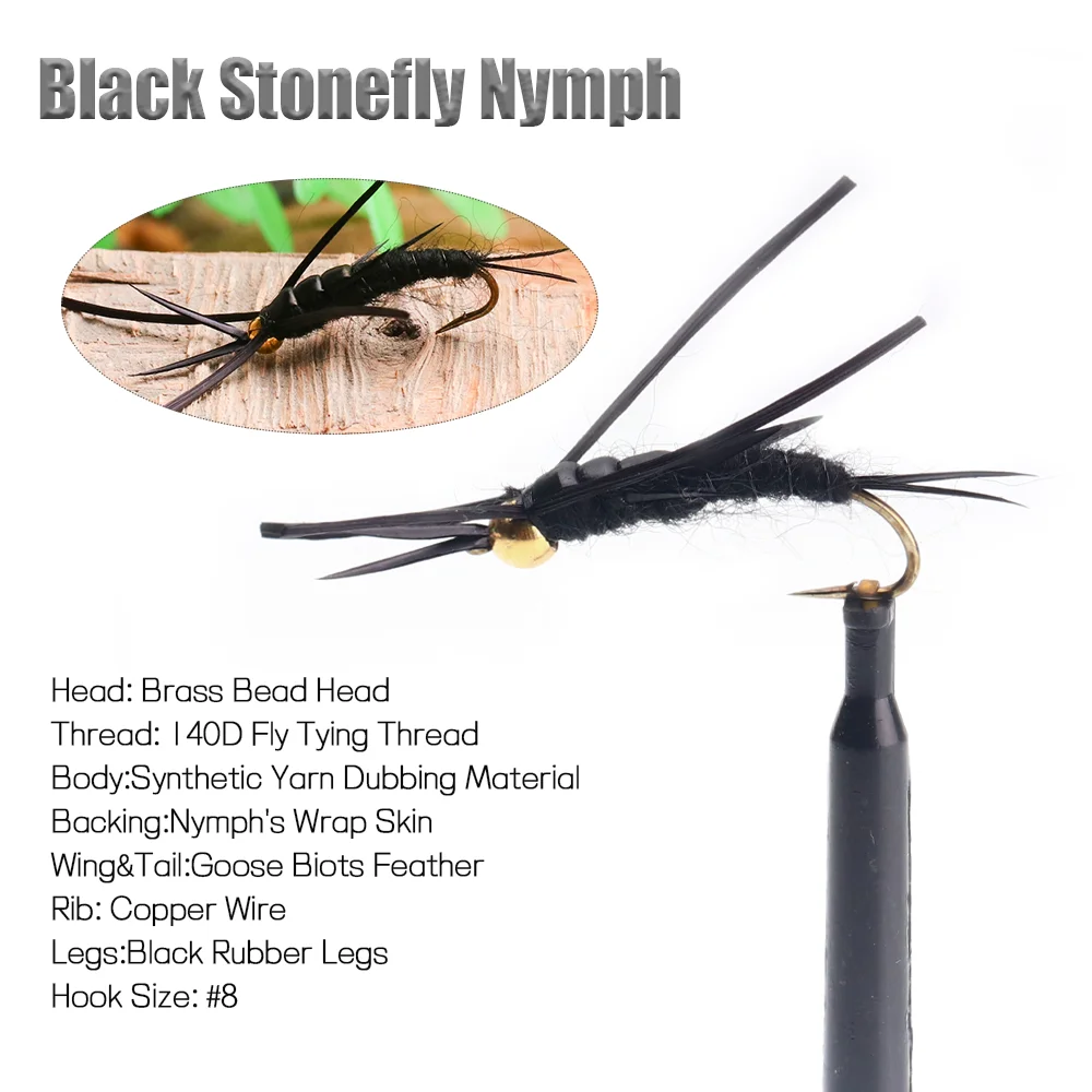 Vampfly 6pcs Brass Bead Head Black Stonefly Nymph Rubber Leg Copper Wire  Rib Bug Worm Wet Nymph Trout Bass Fishing Fly Lure Bait - AliExpress