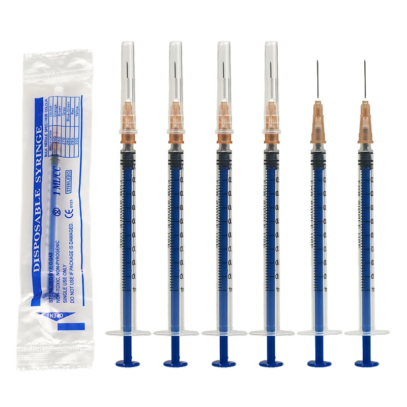 100 Stück blaue Einwegspritzen mit 1 ml/cc Fassungsvermögen und 26G 5/8 Zoll Nadel, steril, einzeln verpackt für Industrie, Dosierung, Haustiere, Tiere