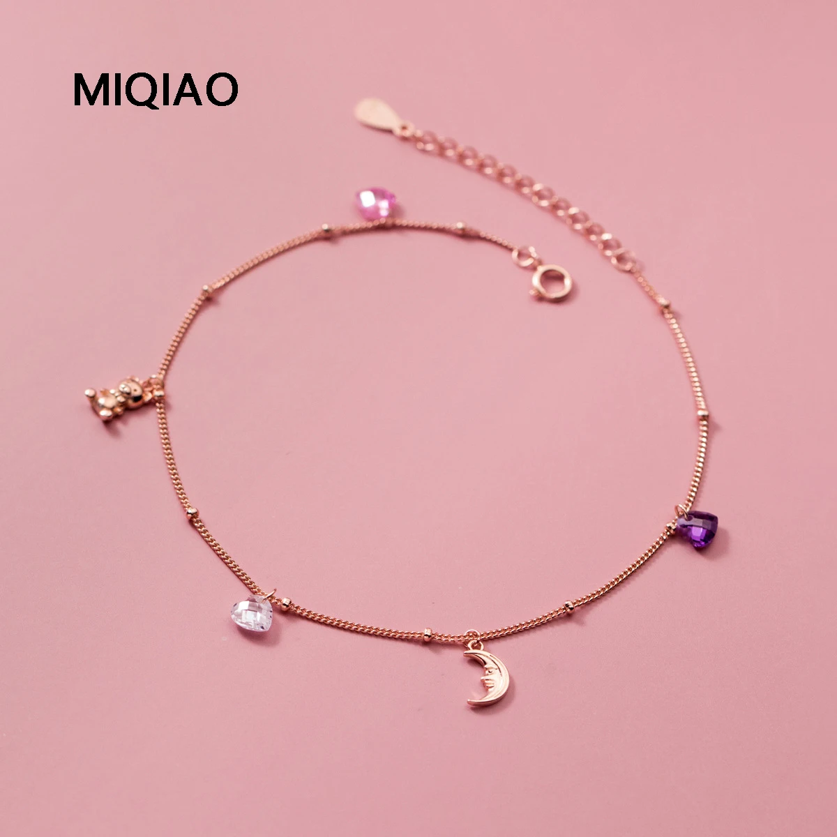 MIQIAO Anklets 925 Sterling Silver Anklets Woman Leg Foot Bracelet Moon Bear Love Summer Playa Jewelry Jeweler Rose Gold Color
