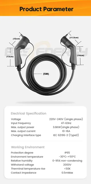bokman Type 2 Câble de Recharge Voiture Electrique PHEV, Mode 3 / 16A /  11kW / Triphasé / 3,5