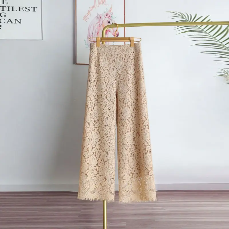 Matakawa Lace Wide Leg Pants Women Solid Spring Summer Elegant Pantalones De Mujer Korean Fashion Ankle Length Trousers