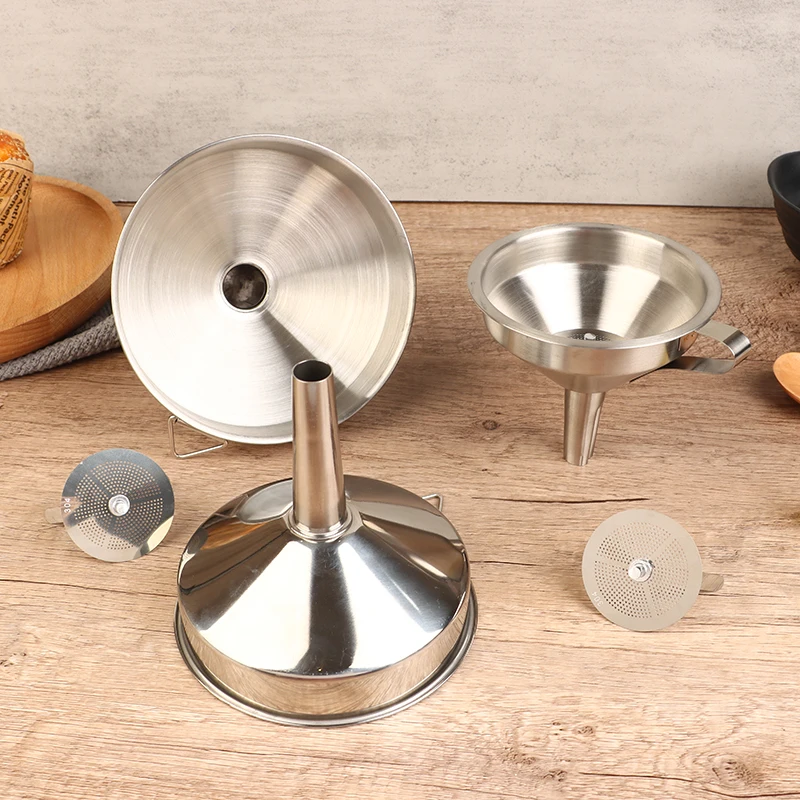 Description Picture 4 of item10cm 12cmn 14cm 304 Stainless Steel Funnel Kitchen Household Oil Wine Liquid Dispenser with Removable Strainer Mesh