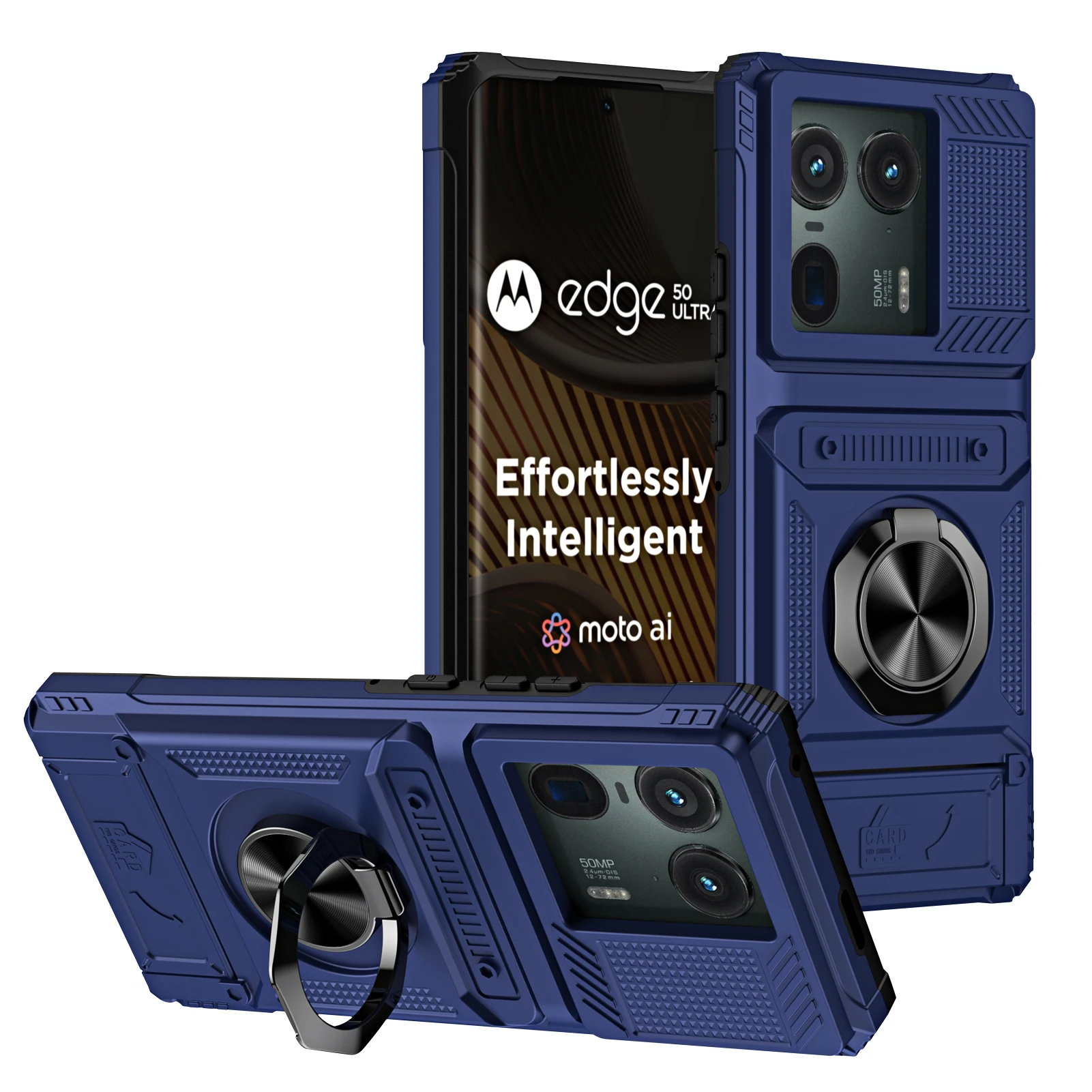 Shockproof Heavy Armor Phone Case with Metal Ring Holder and Hidden Card Slot