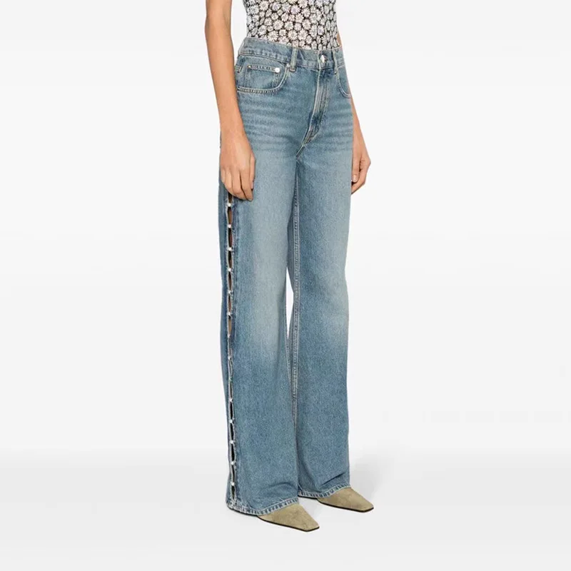 

Women Jeans Side Pearl Decoration Buttons 2024 Spring New Fashion All-Match Straight Long Pants