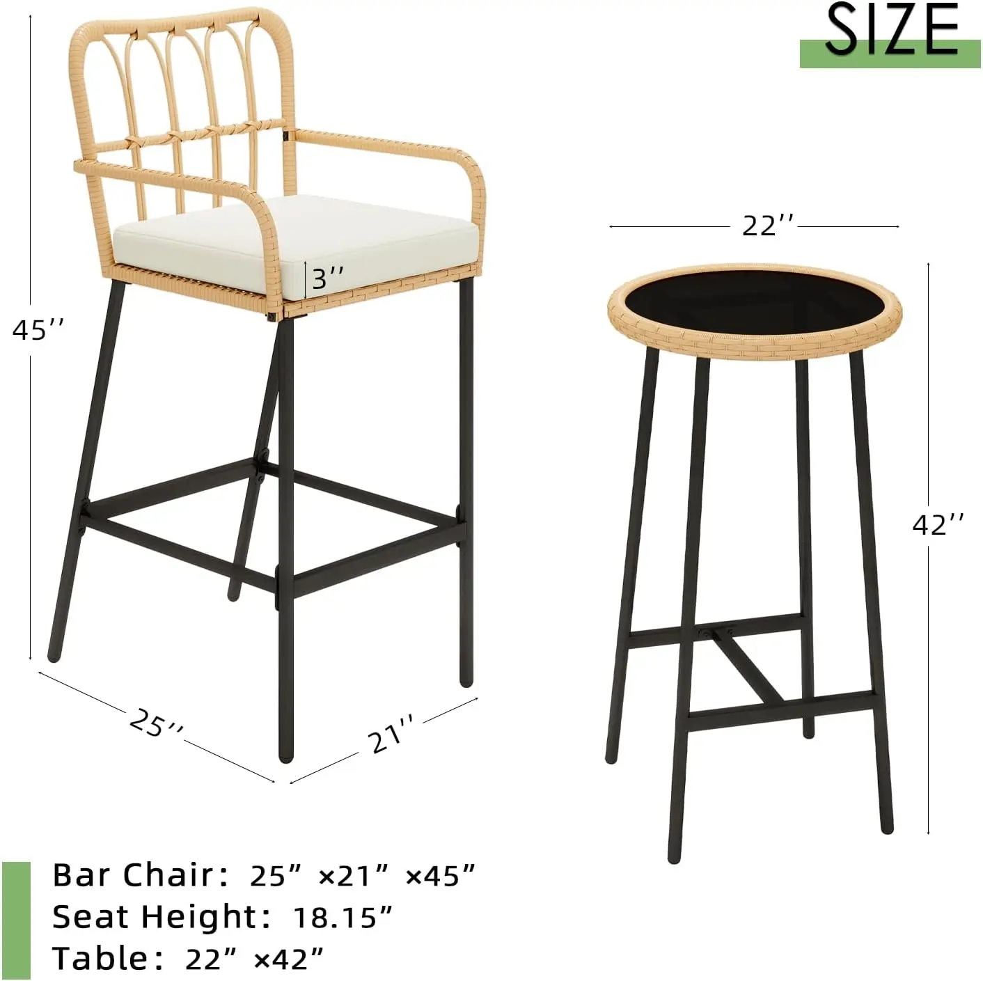 3 Pieces Patio Bar Table Set, Outdoor Wicker Bar, All Weather Height Bar Stools and Table Set, for Garden, Deck, Balcony