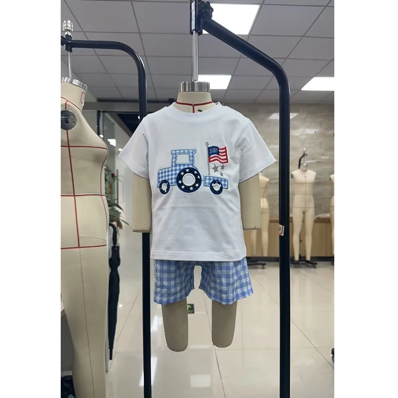 FOCUSNORM 0-3Y Infant Baby Boys Summer Clothes Sets Outfit Truck Embroidered Short Sleeve T-Shirt + Plaid Shorts