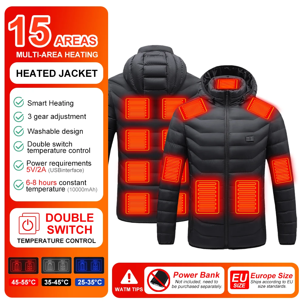 

EU Size 4XL Winter Warm Vest Outdoor Hiking Camping 9/15/16 Areas Heated Jacket for Men USB Powered 3 Gear Temperature Control