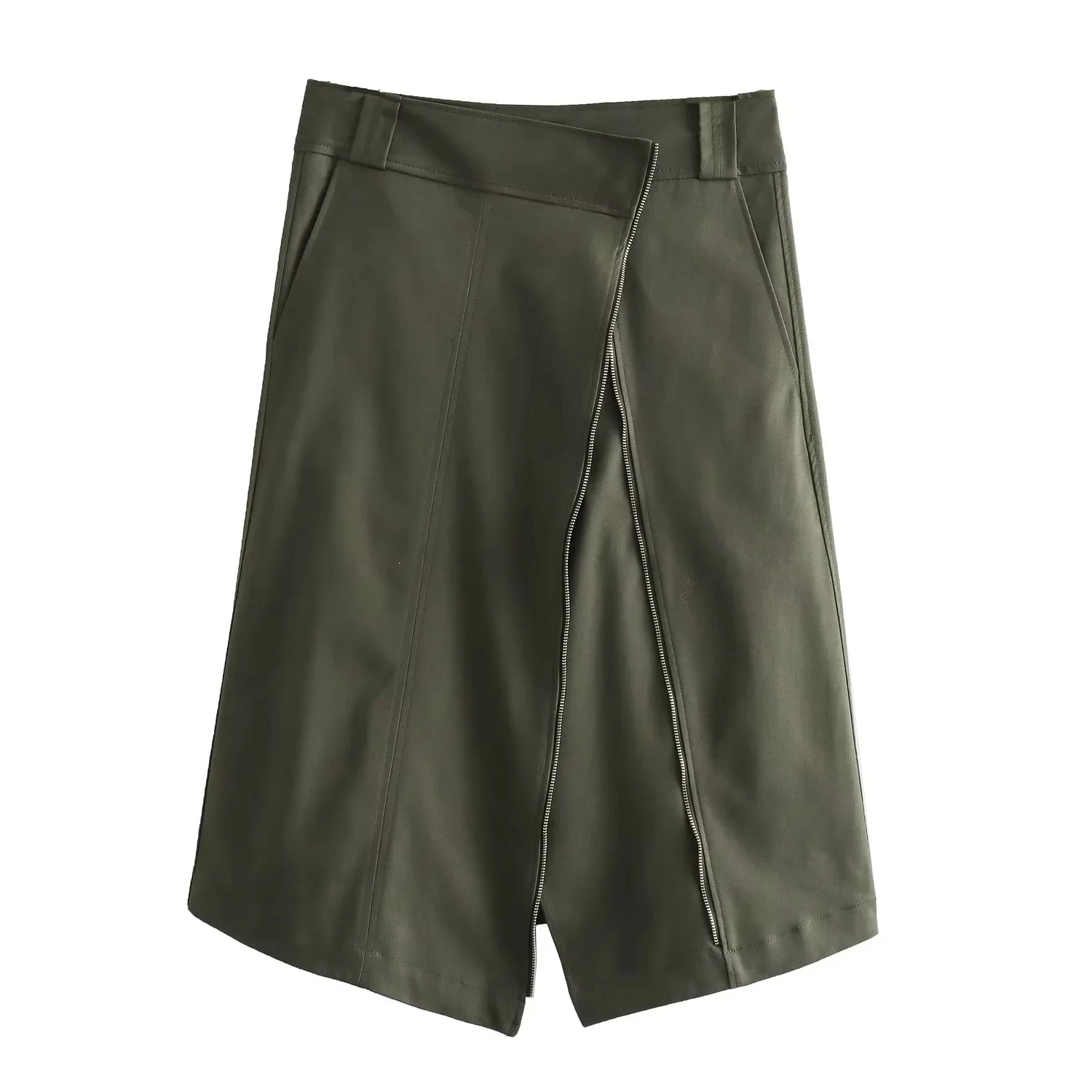 

TRAF Womans Asymmetric Skirt 2023 Fashion Zip-Up Aesthetic Skirts Ladies Vinatge Mid-Waist Midi Skirt Female Pockets Long Skirts