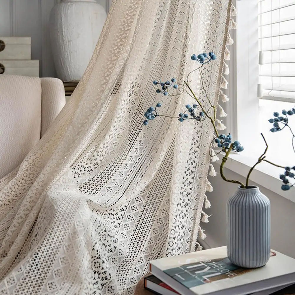 Window Drape  Exquisite   Sheer Curtain Boho Tassels Crochet Knitting Window Drape 4