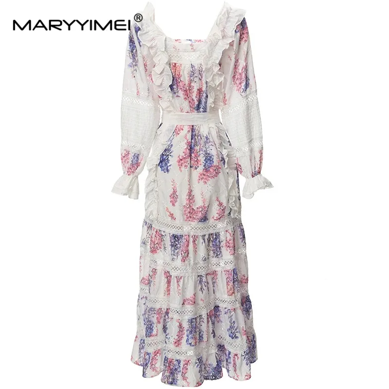 

MARYYIMEI Fashion Designer Spring Summer Women's Square Collar Lantern Sleeve Flounced hollowed out Holiday Dresses