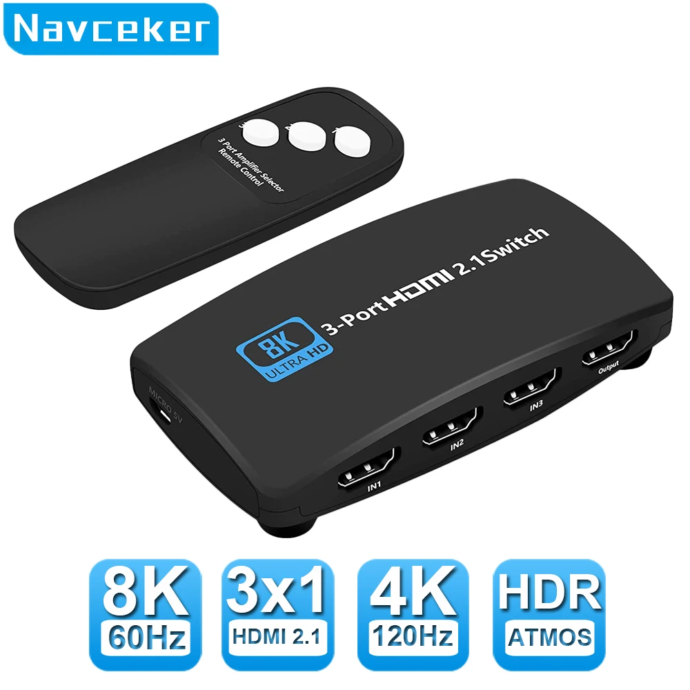 Navceker Hdmi Splitter 8K 60Hz 4K 120Hz 3 In 1 Out Per Tv Xiaomi Xbox Series Ps5 Hdmi Cable Monitor Proiettore Hdmi 2.1 Switcher