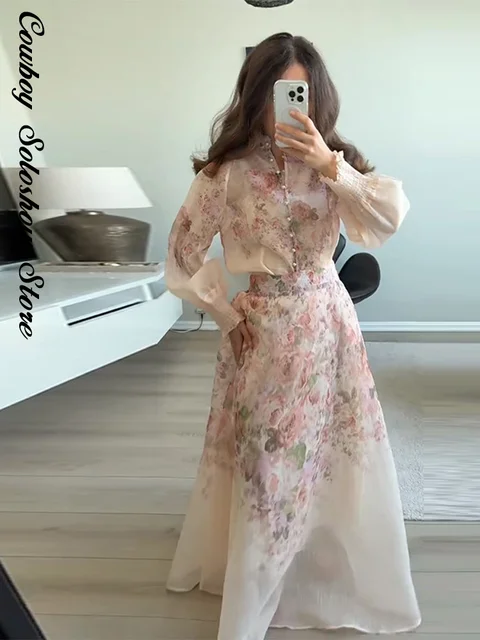 Elegant Printed Long Skirt Set Women Loose Flower Button Full Sleeved Shirt Pleated A-line Skirts 2025 Summer Party Lady Outfits 5