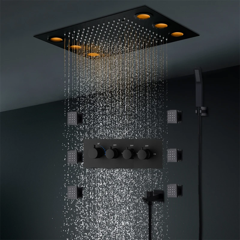

Black Shower Thermostatic 3 Functions Shower Set Rainfall Body jets Massage 2 inch LED 360X500MM