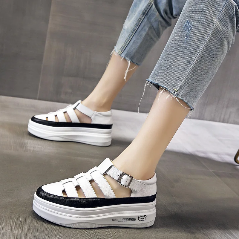 Summer Women Shoes Fashion Woven Leather Platform Gladiator Women Sandals cowhide Student Girls Sandals