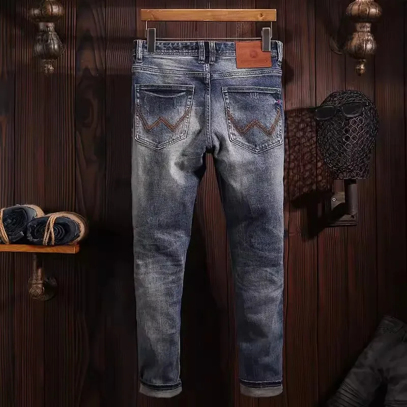 Fashion Designer Men Jeans High Quality Retro Blue Stretch Slim Fit Ripped Jeans Men Italian Style Designer Denim Pants Hombre