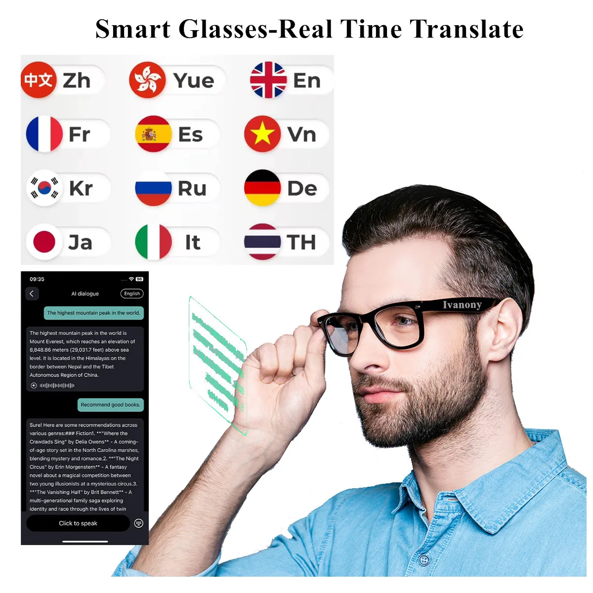 AI Smart Glasses Translate Real Time Language Translator for Bluetooth Call Remote Music Meeting Assistant Translator Sunglasses