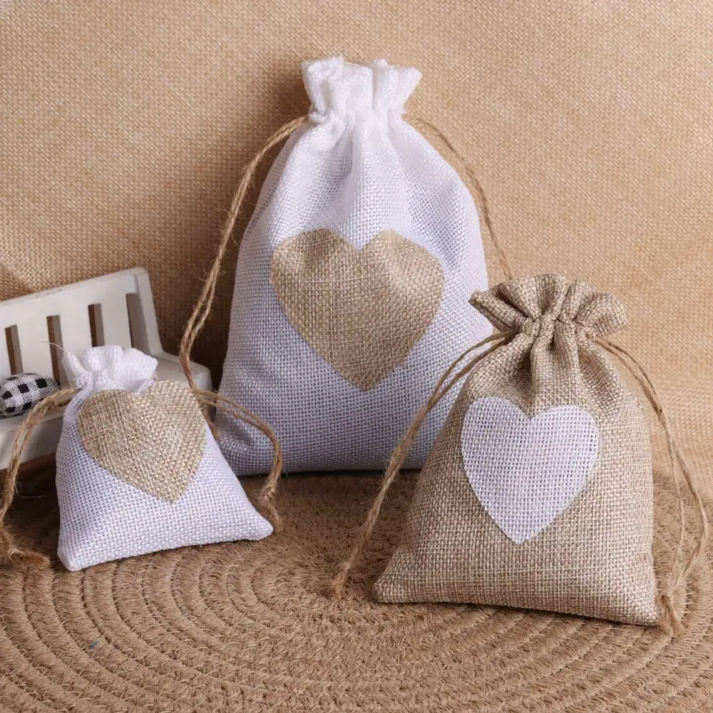 5pcs 8x10 10x14 13x18cm Heart Shape Print Linen Drawstring bags Small  Jewelry Pouches Wedding Cotton Burlap Packaging Gift Bag