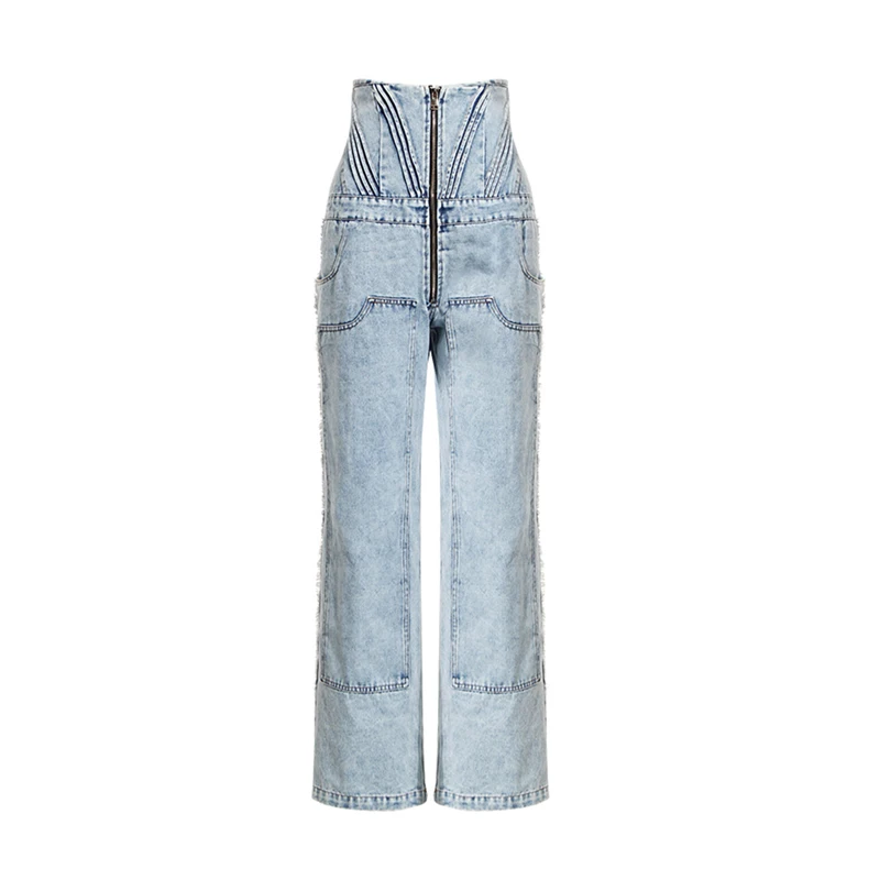 

Women's High Waist Jeans Light Blue Washed Straight Pants Streetwear