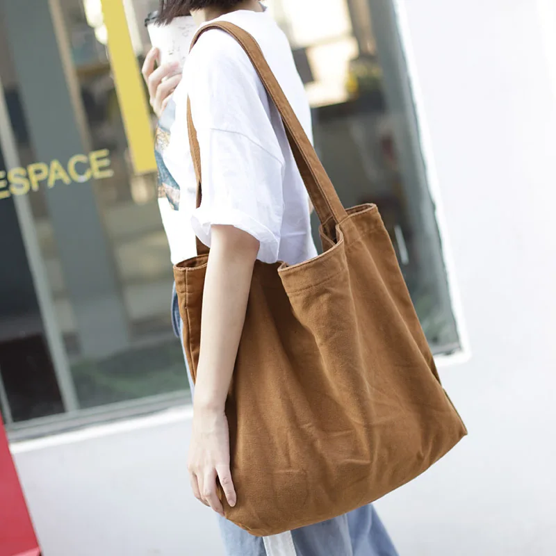 Women Solid Canvas Shoulder Handbags Reusable Large Capacity Shopping Bag Retro Casual