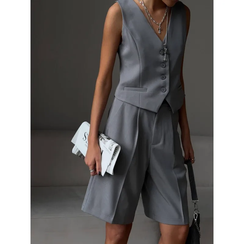 V-Neck Sleeveless Female 2 Piece-Set Casual Slim Straight Trousers Pocket Solid High Street Outfits Fashion Shorts Sets
